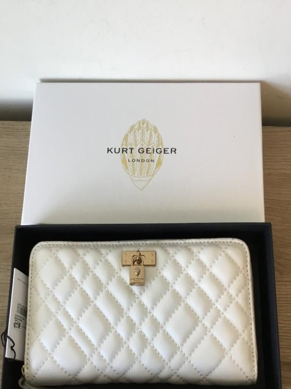 Kurt Geiger White Quilted Zip Wallet with Gold Hardware